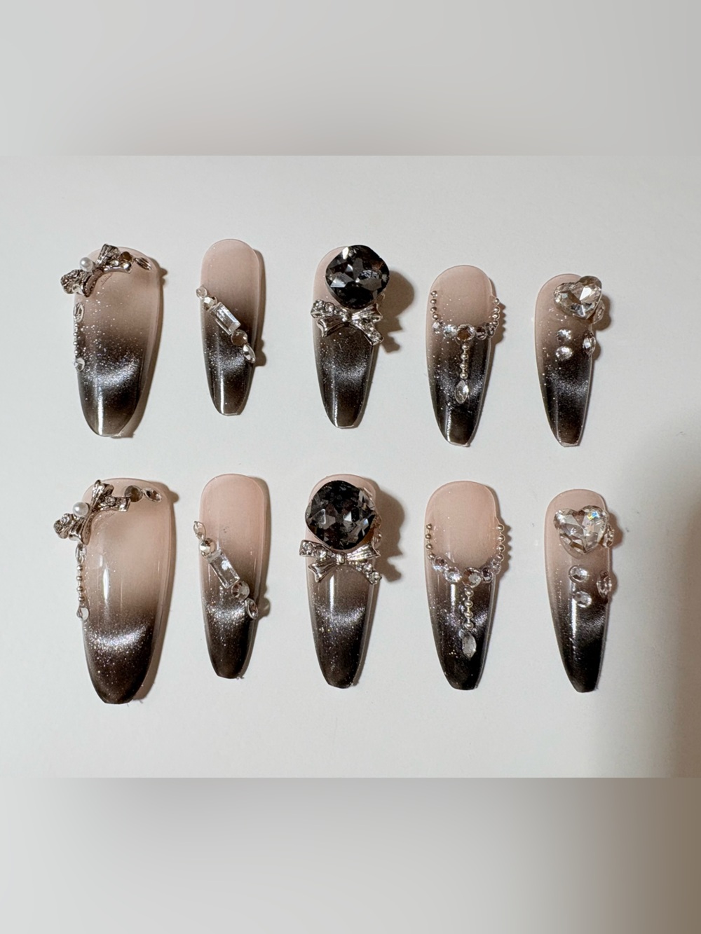 Black Nude Cat Eye Rhinestone Press On Nails | 3D Bow Crystal Glam Fake Nails